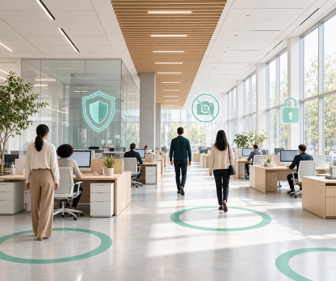 A bright office corridor with people walking and working, overlaid with a shield, a crossed-out camera and a padlock icon, and glowing sensing zones on the floor.