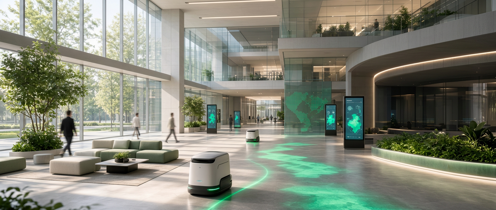Autonomous robots moving through a sunlit office atrium, their paths mapped on the floor