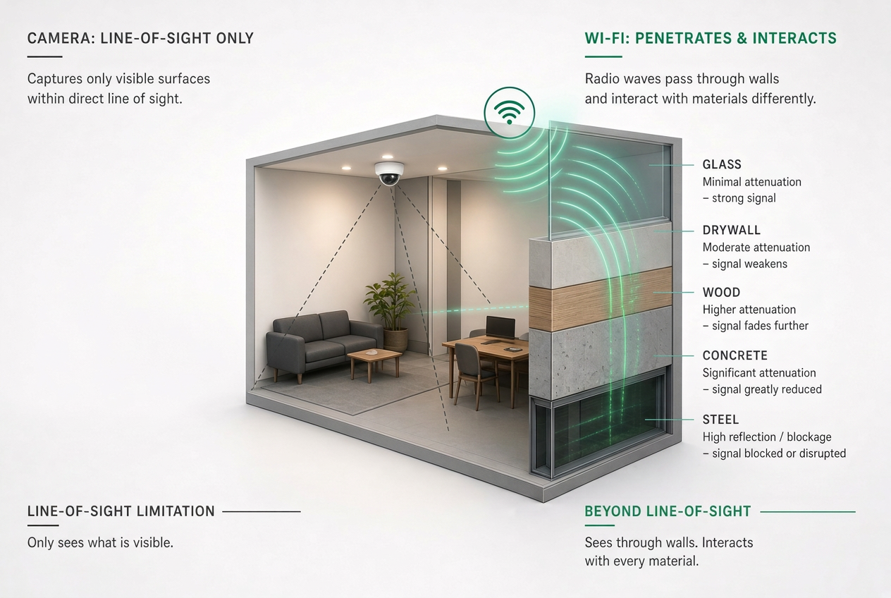 Side by side: a ceiling camera captures only the visible surfaces inside its line of sight, while Wi-Fi waves pass through a layered wall of glass, drywall, wood, concrete and steel, each material weakening the signal a different amount.