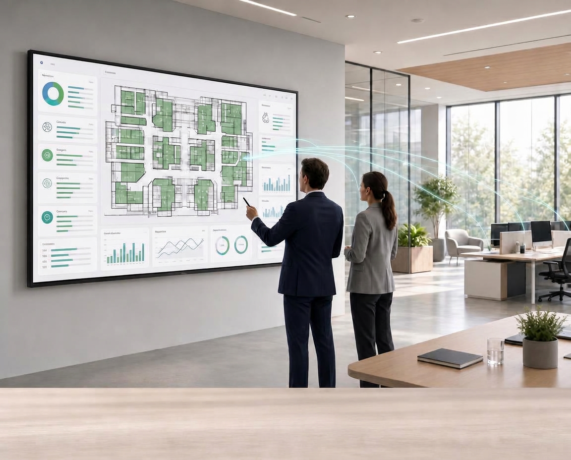 Two people reviewing a live building floor plan on a wall dashboard, with an Aqusense sensor on the table in the foreground